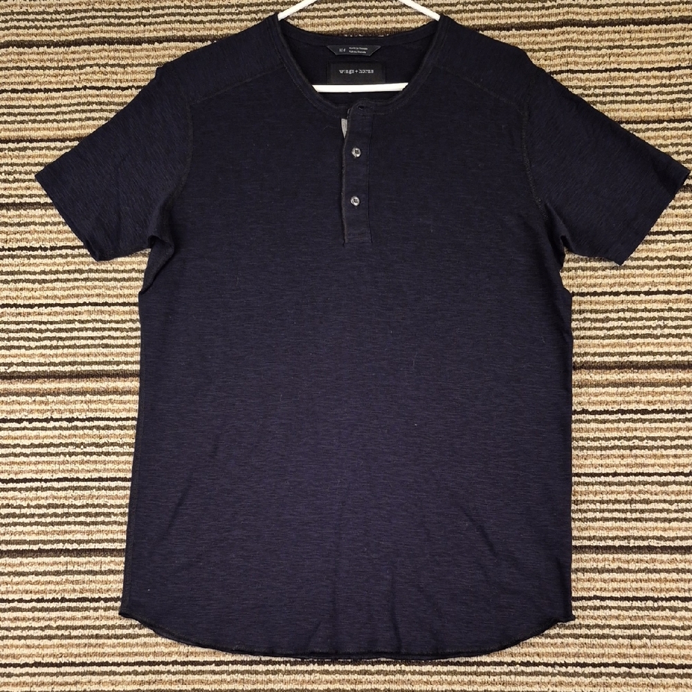 WINGS + HORNS Canada Black Weave Henley‎ Cotton Mens Large Short Sleeve Shirt